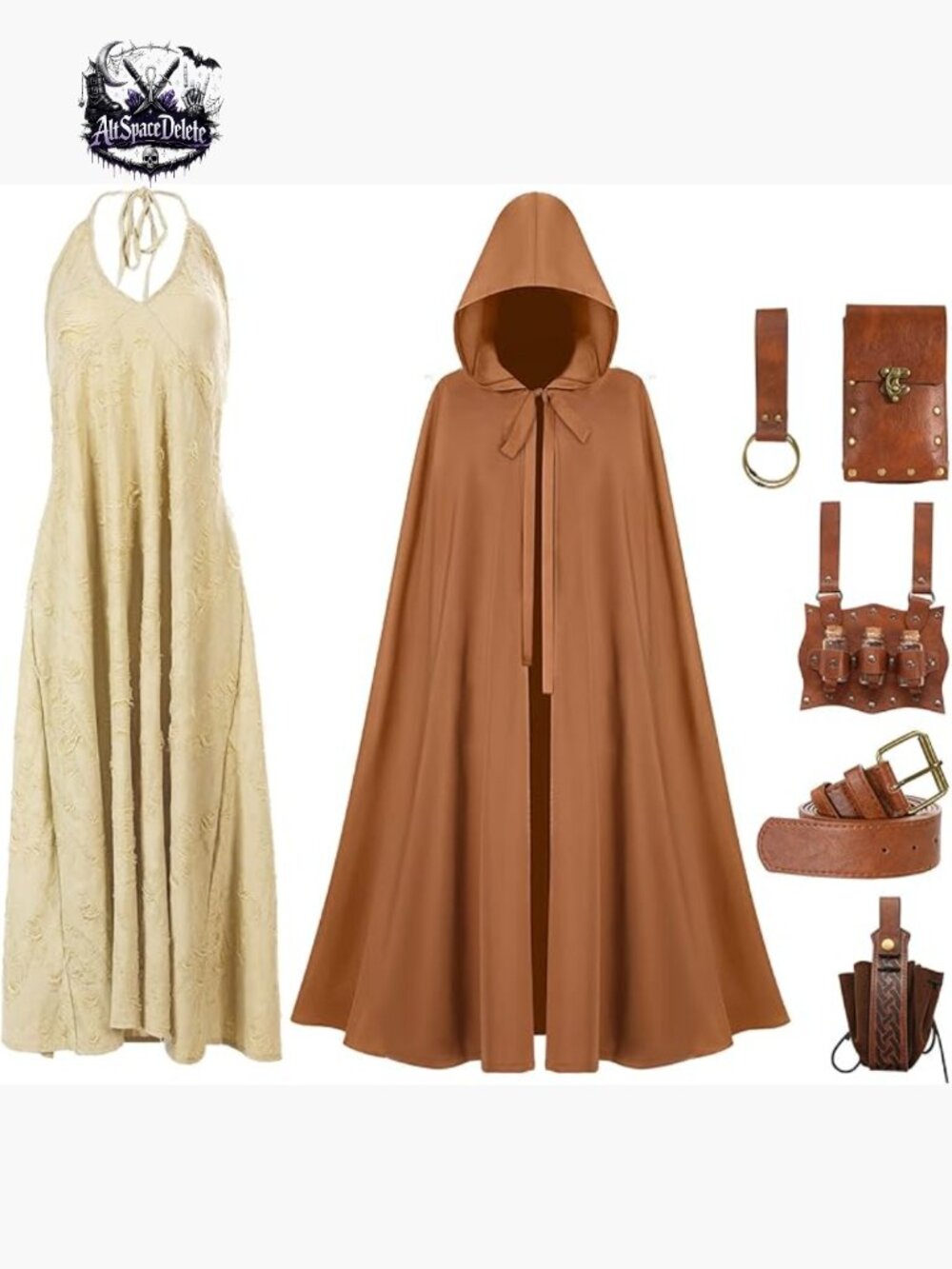 Renaissance Medieval Costume Dress Hooded Cloak Leather Belt Halloween Outfit